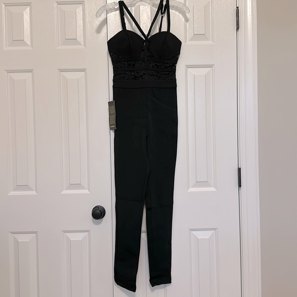 bebe lace+buckle trim ponte catsuit, size 2, NWT